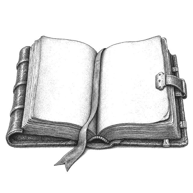 An open tome, engraved